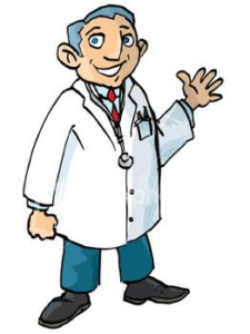 Cartoon image describes a doctor in happy mood is ready to help.