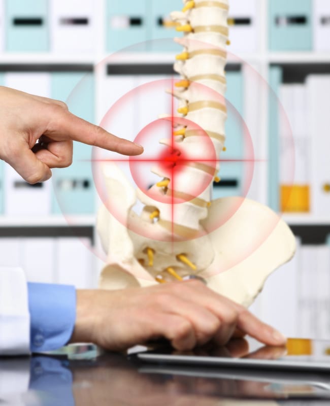 An image shows a spine model with a red highlight indicating the area of pain.