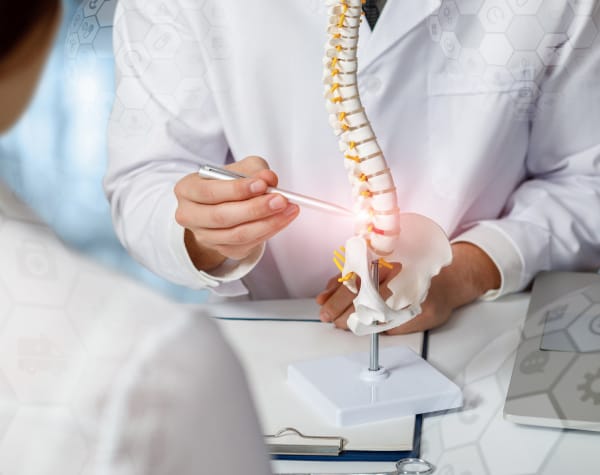 The image illustrates a doctor explaining the skeleton model of the spine to another doctor.