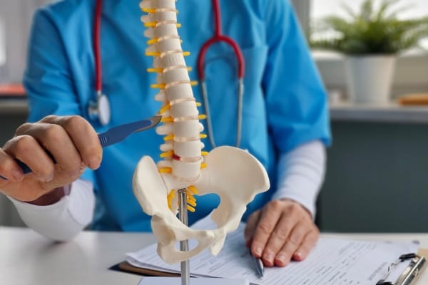 A close-up image of the lumbar spine model illustrates slip disc surgery.