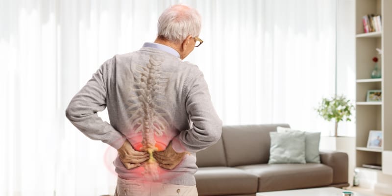 Senior man holding his lower back in pain, illustrating the difference between a muscle strain vs herniated disc.